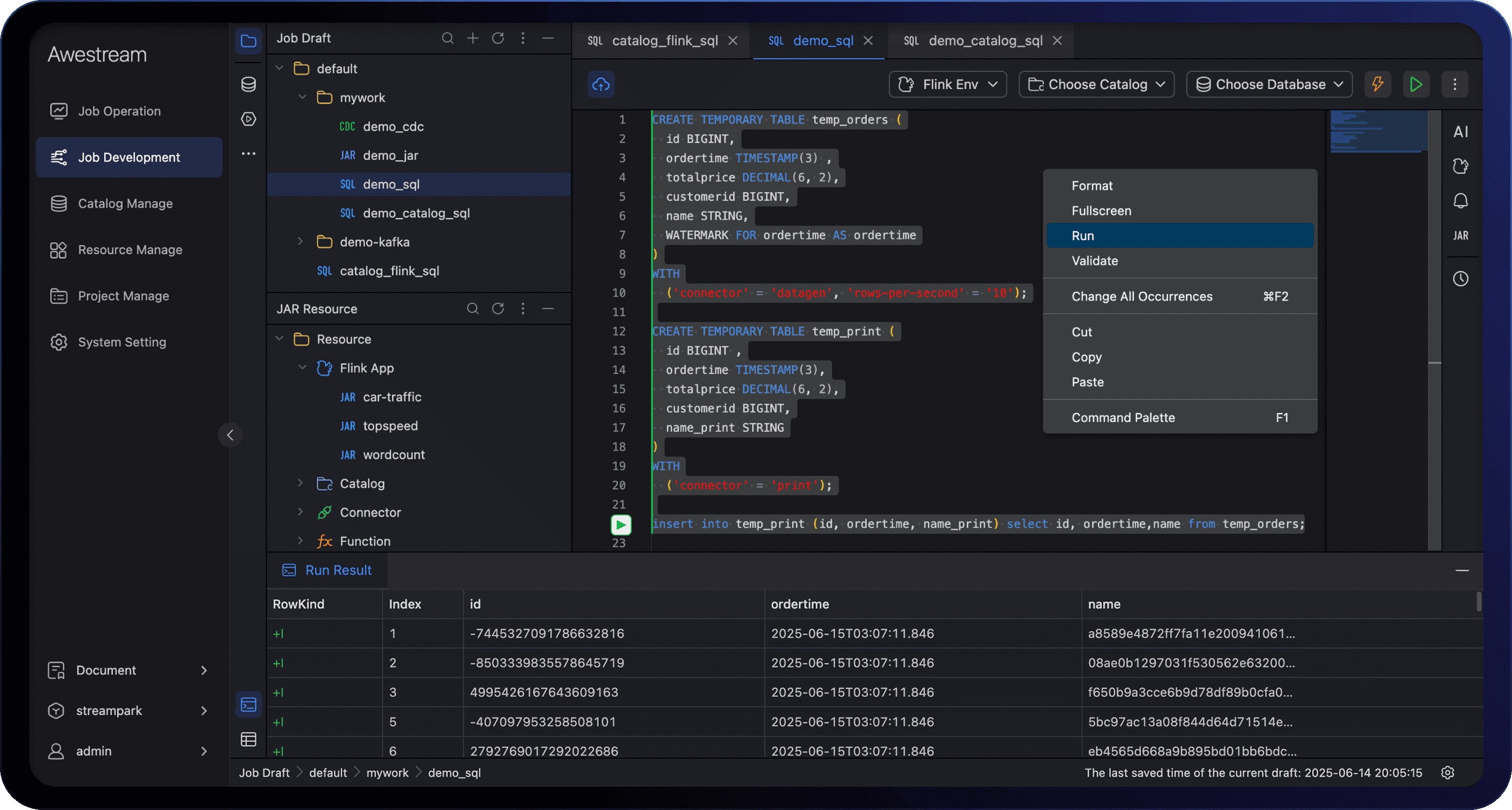 SQL development, catalog navigation and query results